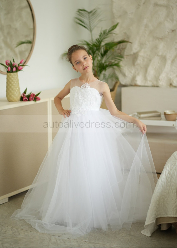Illusion Neck White Lace Tulle Flower Girl Dress